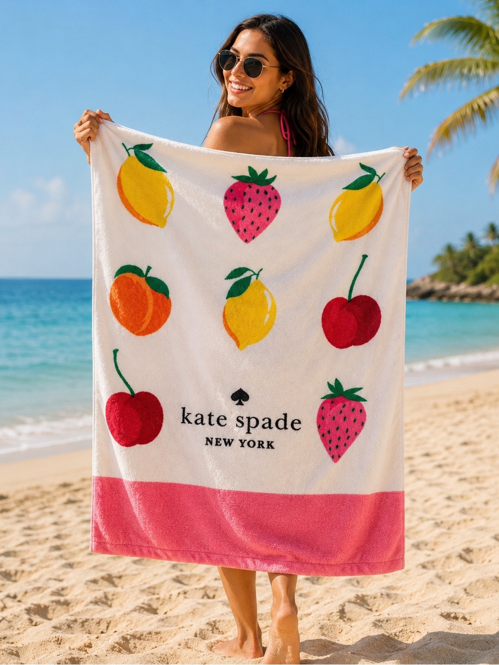 kate spade Pink and White Fruit Print Beach Towel - Picture 1 of 3